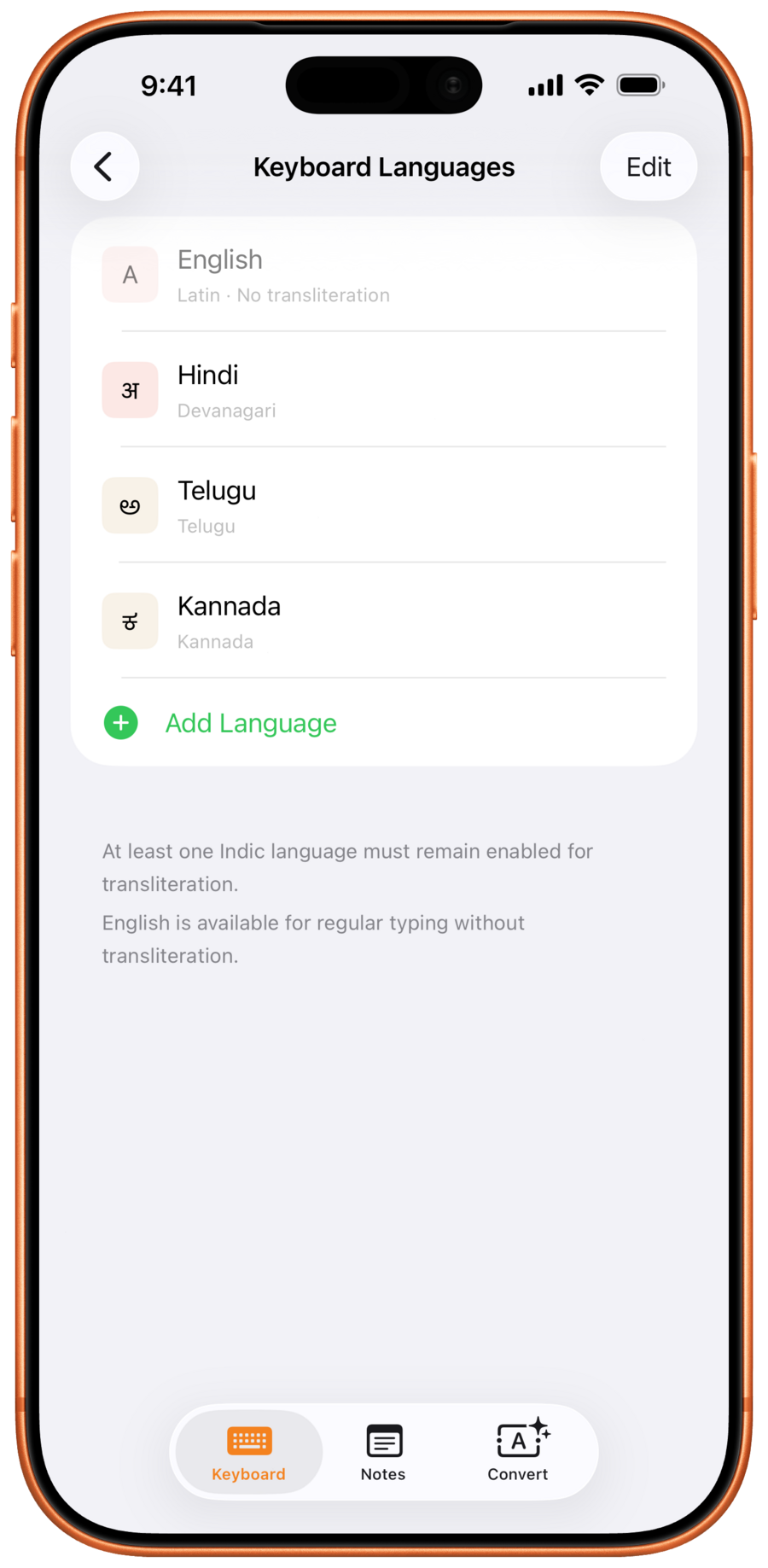 Languages and scripts settings screen